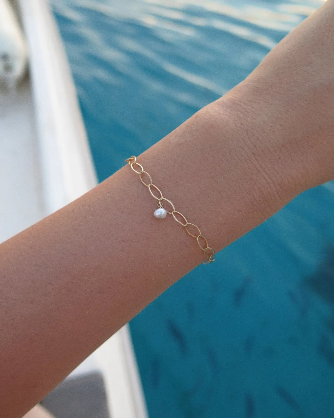 Freshwater Pearl Oval Chain Bracelet  - 14k Yellow Gold Fill