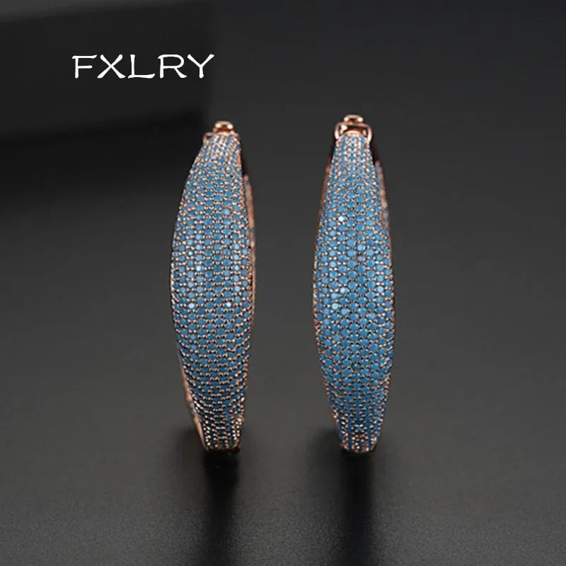 FXLRY new Retro pop Europe and the United States rose gold micro inlaid zircon exaggerated Blue zircon earrings Bridal Wedding J