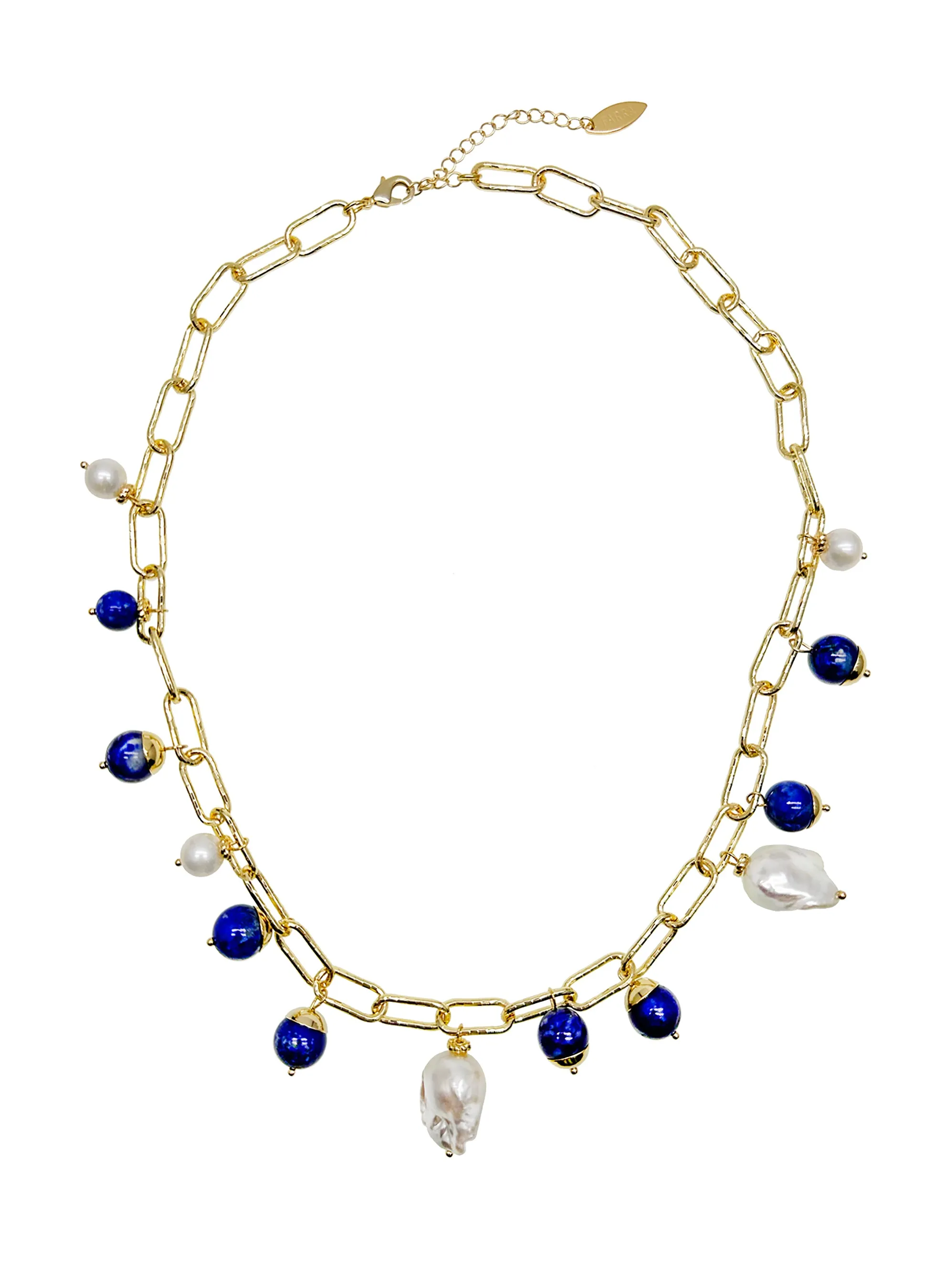 Gold Chain with Baroque Pearls and Lapis Charms Necklace JN022