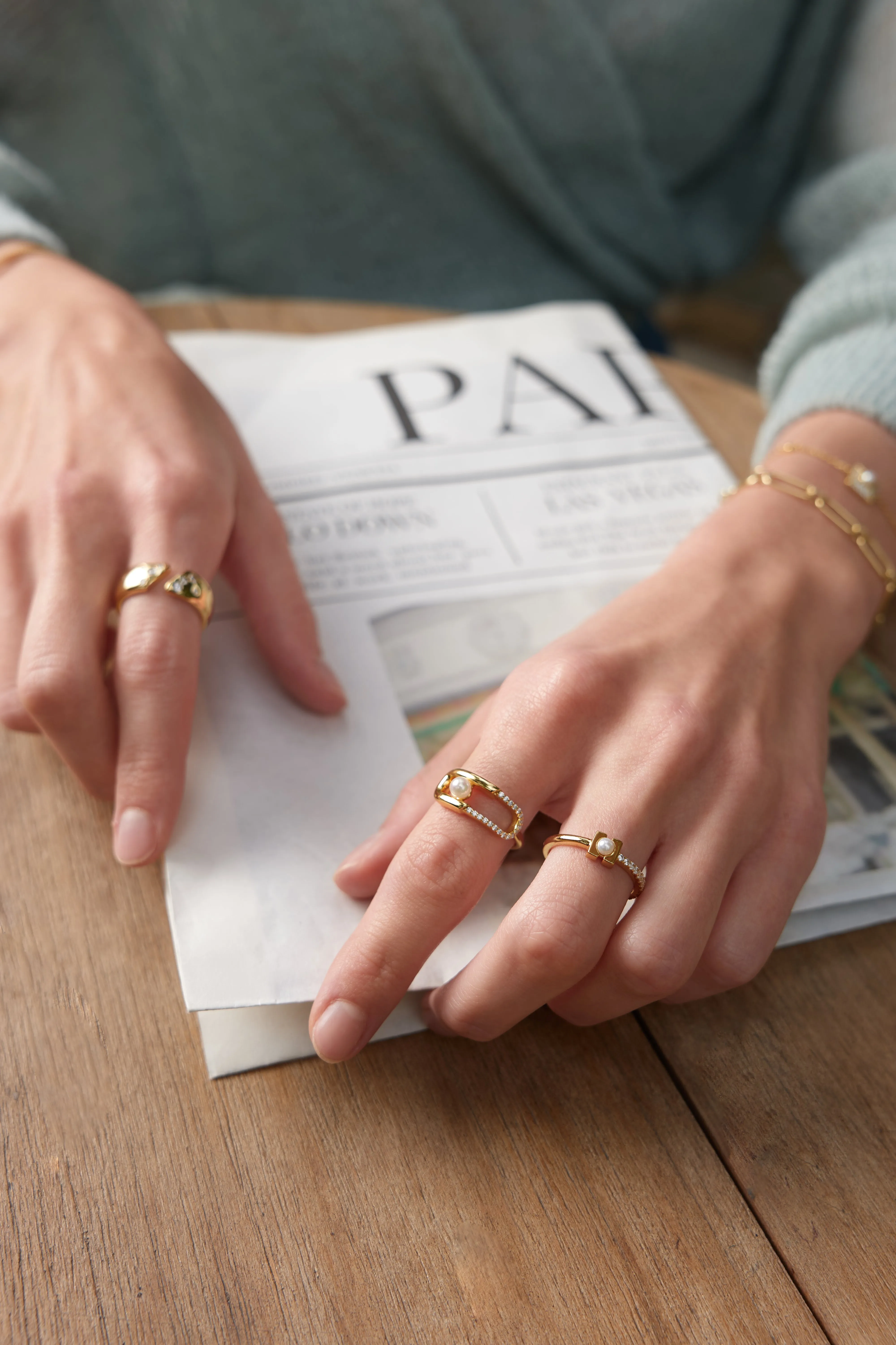 Gold Pearl Modernist Band Ring