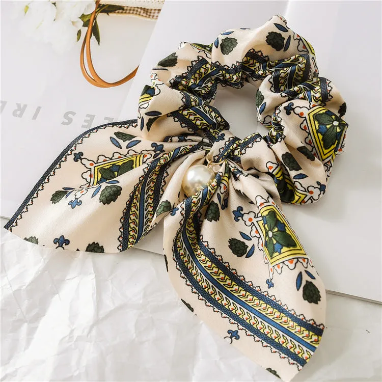 Hair Scrunchies Elastic Hair Bands Hair Scarf Bow with Pearl Pendant Colorful Flower Design