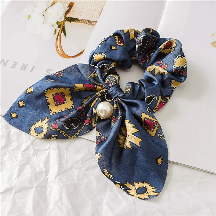 Hair Scrunchies Elastic Hair Bands Hair Scarf Bow with Pearl Pendant Colorful Flower Design