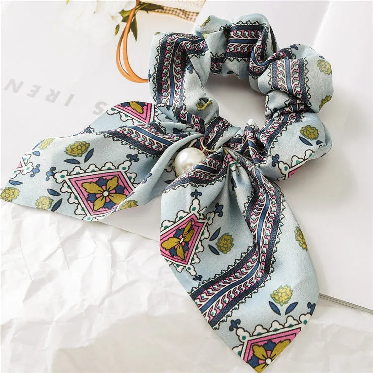 Hair Scrunchies Elastic Hair Bands Hair Scarf Bow with Pearl Pendant Colorful Flower Design