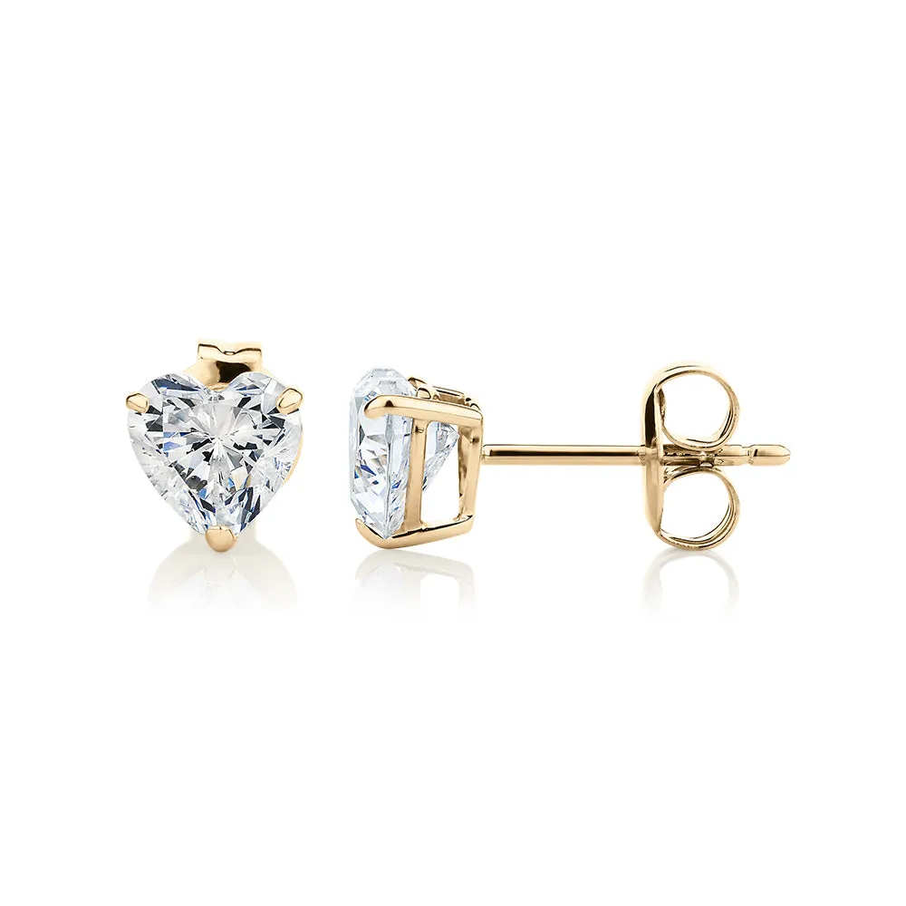 Heart stud earrings with 2 carats* of diamond simulants in 10 carat yellow gold