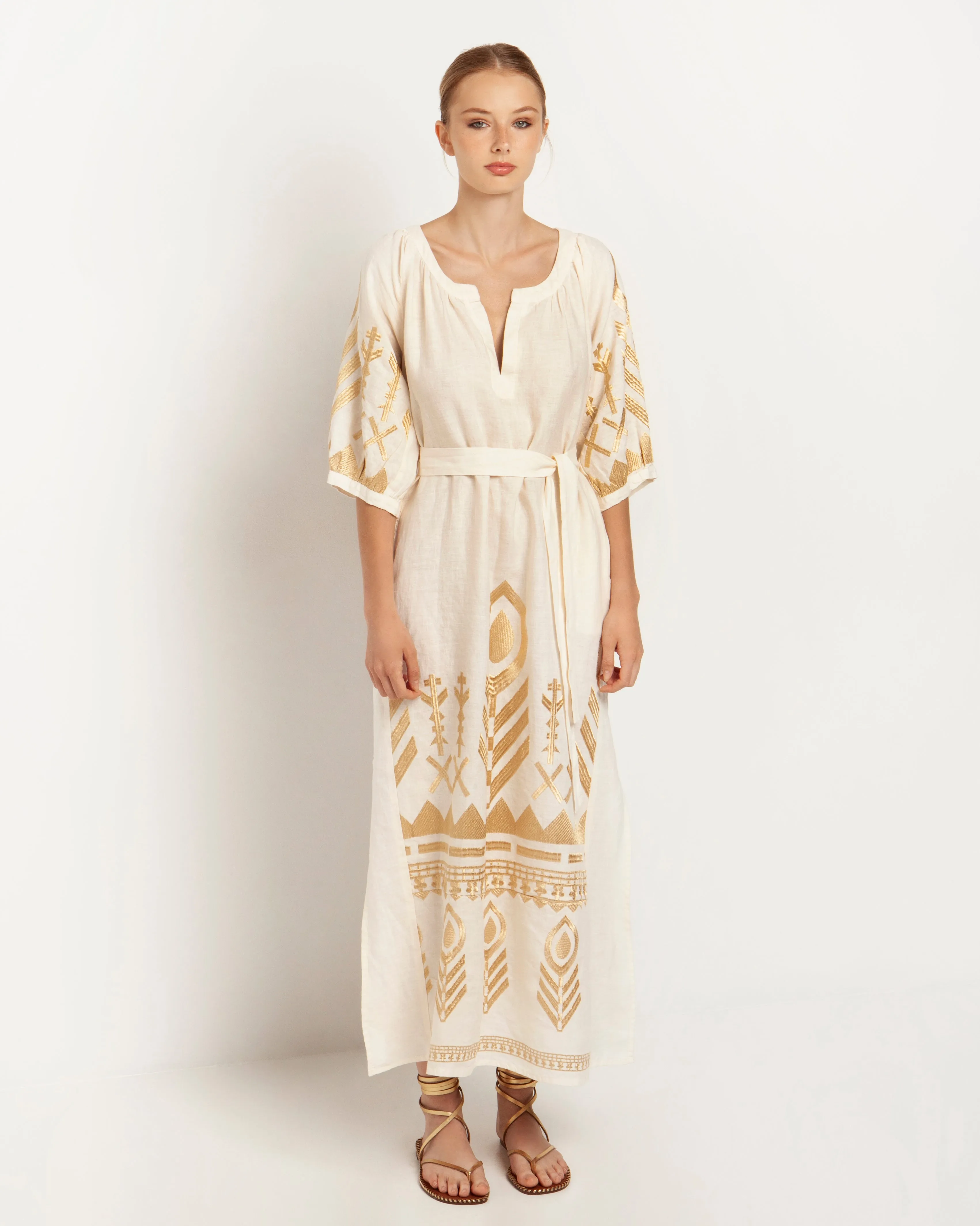 Kori Long Feather Belted Linen Dress | White & Gold