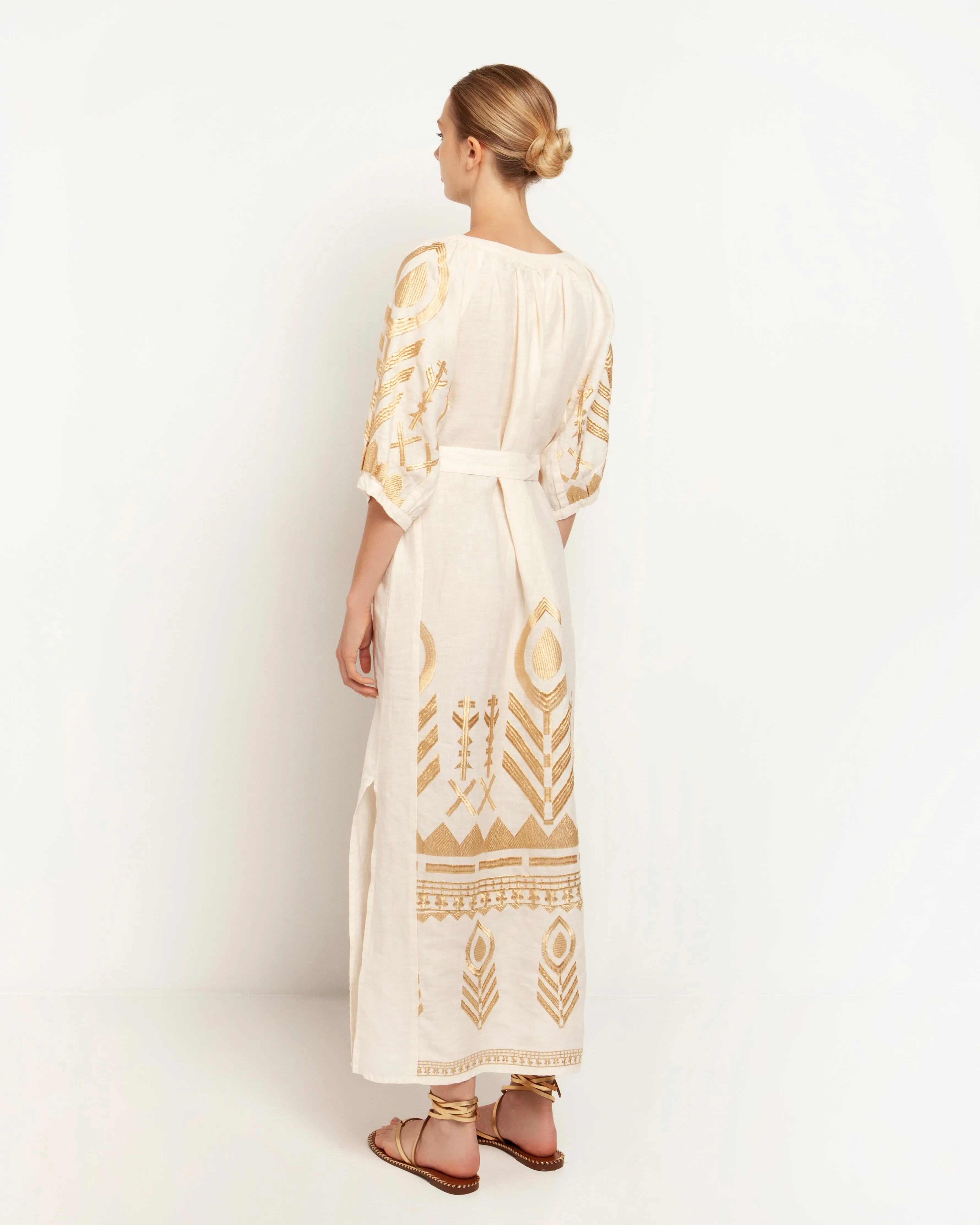 Kori Long Feather Belted Linen Dress | White & Gold