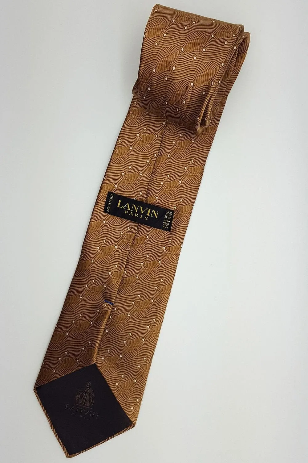 LANVIN 100% Silk Gold Swirls White Dotted Classic Tie (58")