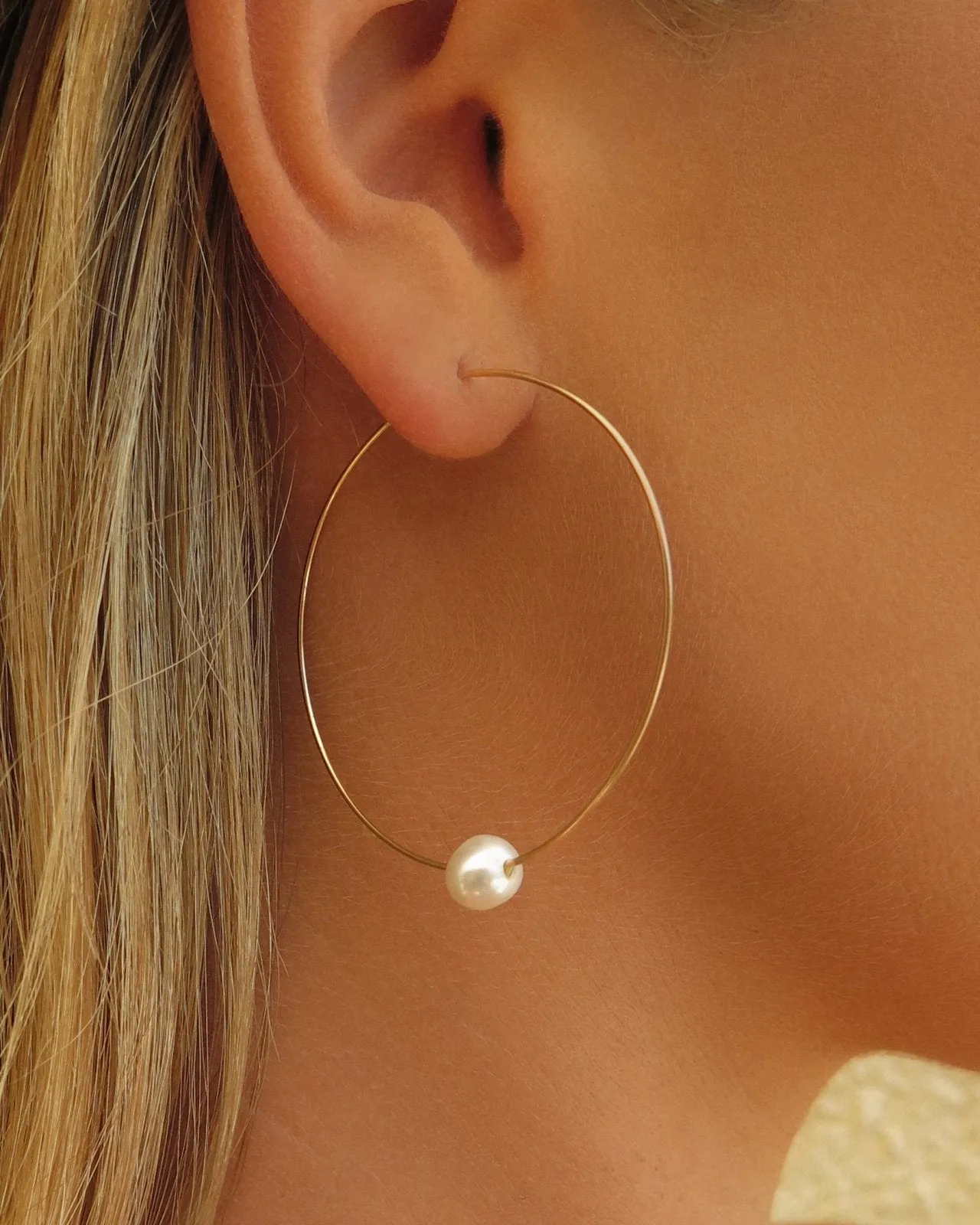 Large Freshwater Pearl Hoop Earrings - 14k Yellow Gold Fill