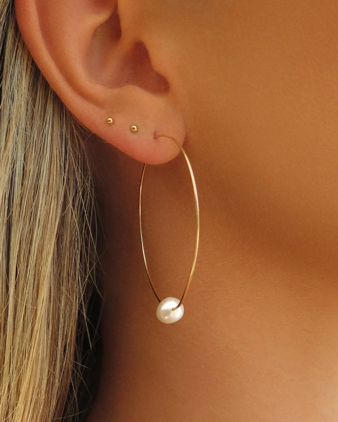 Large Freshwater Pearl Hoop Earrings - 14k Yellow Gold Fill