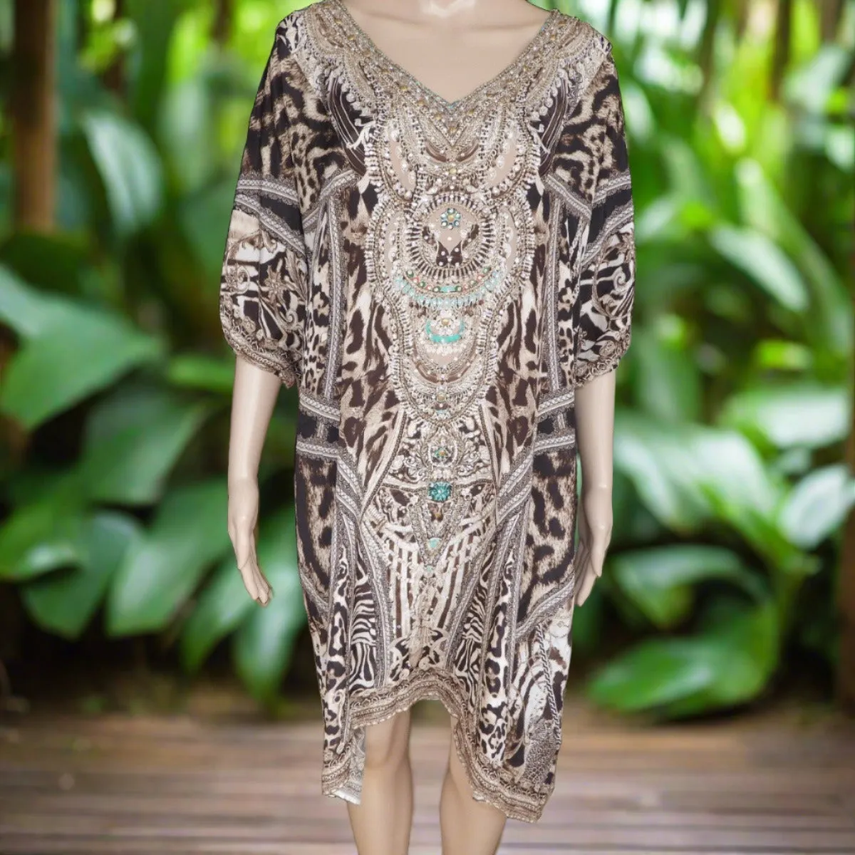 Leopard 3/4 sleeve Silk/Viscose Embellished Dress