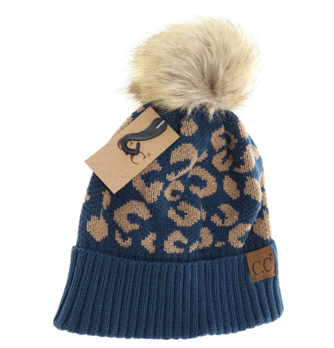 Leopard Pattern CC Beanie Pom- Prussian Blue