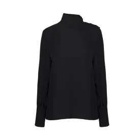 Long Sleeve Mock Neck Black Silk Shirt