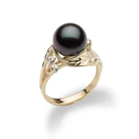 Maile Tahitian Black Pearl Ring in Gold with Diamonds - 9-10mm