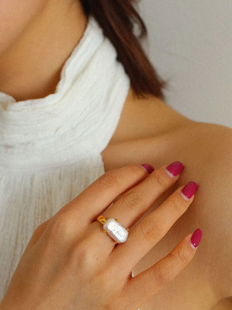 Modern Rectangle Baroque Pearl Stacking Rings