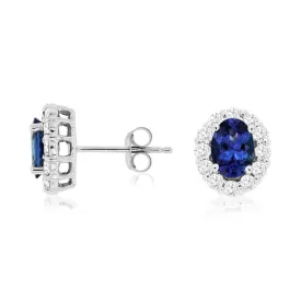 Natural Blue Oval Tanzanite Diamond Halo Stud Earrings Earrings in White Gold