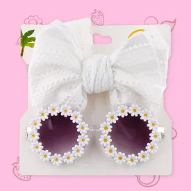 Polka Tots Free Size Bow Headband & Floral Sunglass Set - White