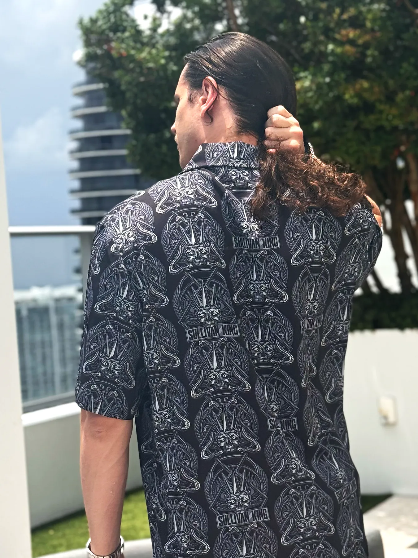 "Reckless Beach Club" Button Up Shirt (Serpent Skull)