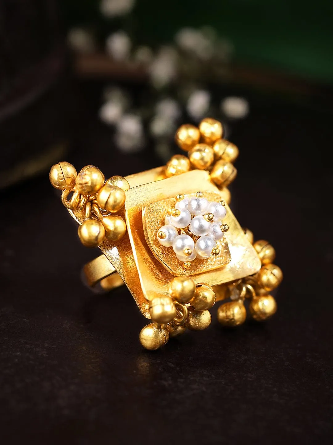 Rubans 24K Gold Plated Handcrafted Unique Ring With Pearls And Golden Beads