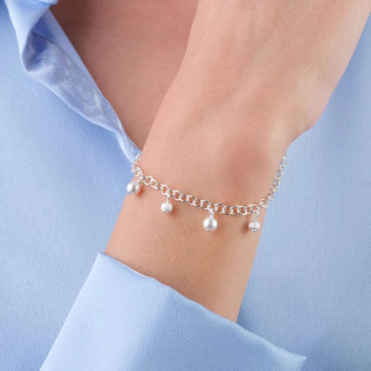 Silver Bead Pearl Charm Bracelet