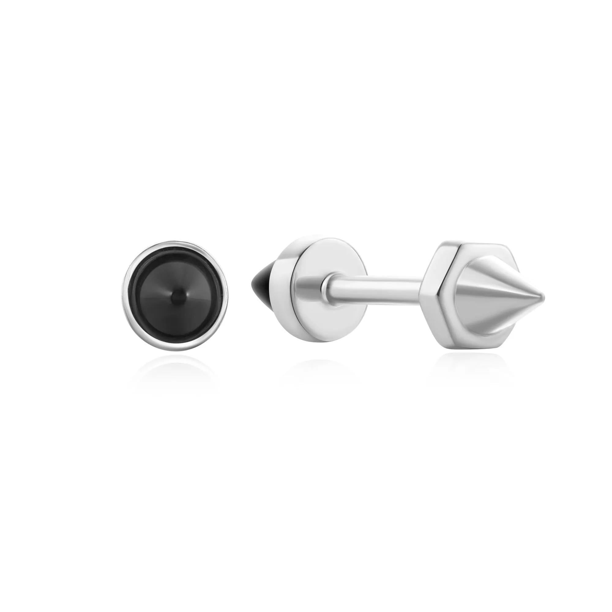 Silver Black Agate Point Barbell Earrings