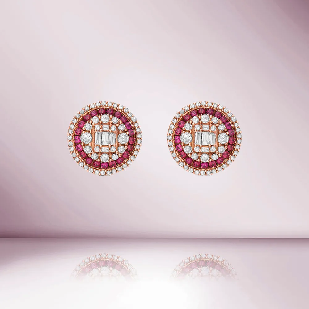 Triple Halo Diamonds & Rubies Round Shape Studs Earrings (1.20 ct.) in 14K Gold